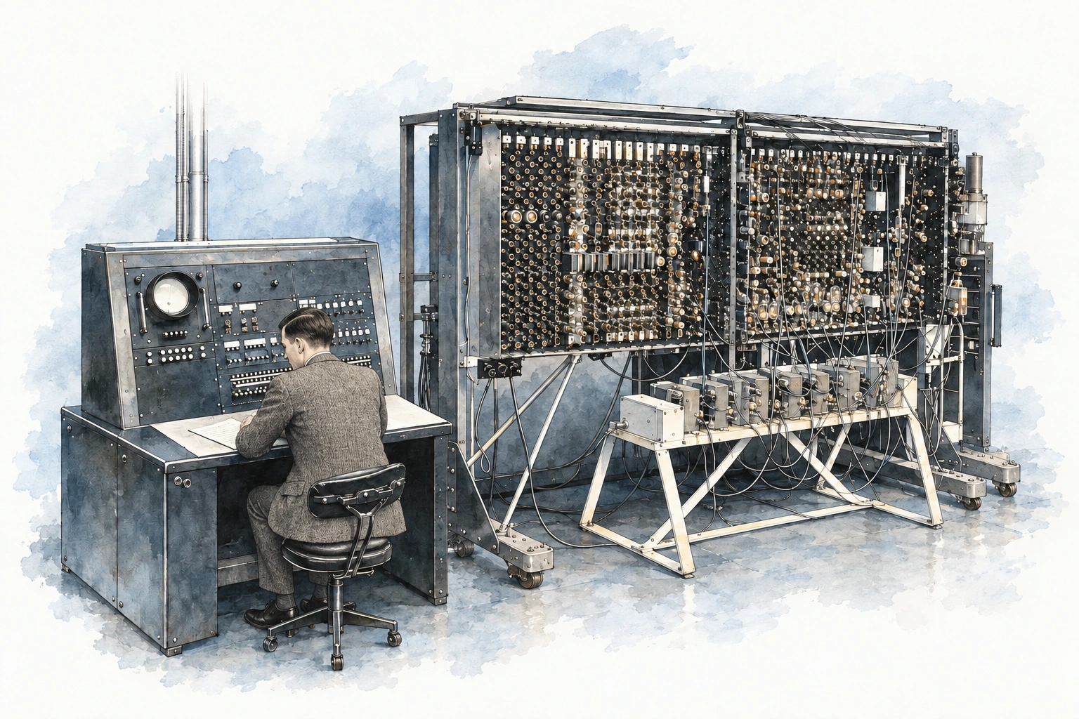 An imagined scene in ink and watercolor: Alan Turing seated at the Pilot ACE console beside open racks of electronic valves.